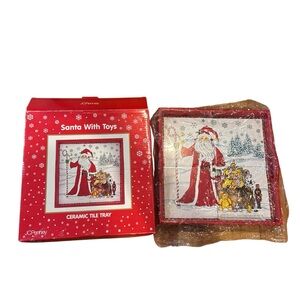 Vintage JC Penney Ceramic Tile Wood Santa with Toys 12x12" Serving Tray NIB New